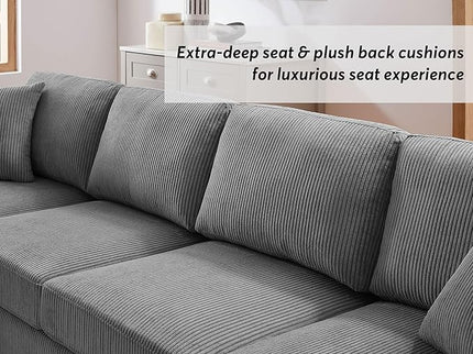 VANOMi 118'' U Shaped Sectional Sofa Couch, Corduroy Fabric Modern Cozy Jumbo Size 4-Seater Living Room Couch, Double Chaise Longue, Dark Grey