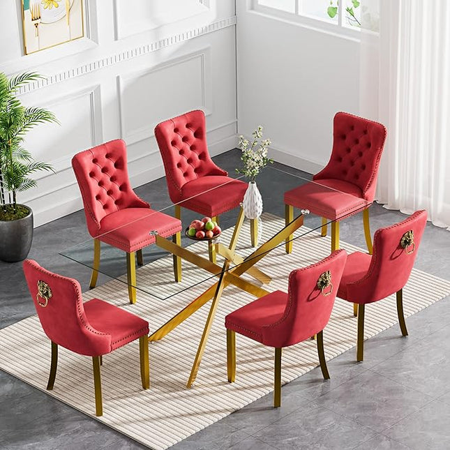 Modern 7-Piece Glass Dining Table Set for 6, Modern 60" Rectangle Gold Glass Dining Room Table Set with Wine Red Velvet Tufted Chairs Wood Legs for Kitchen Dining Room
