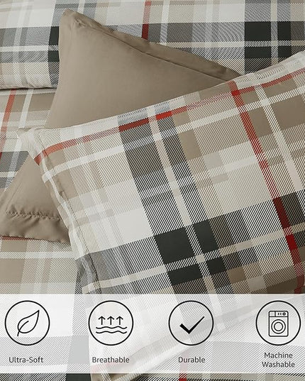 MaiRêve Comforter Set Full Size Khaki, Classic Farmhouse Bedding Set Bed in a Bag 7 Pieces, Lightweight All Season Comforter Set with Sheets, Pillowcases & Shams