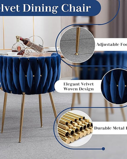 Modern Gold Glass Dining Table Set for 4, 63'' Clear Glass Top Rectangular Dinner Room Table Set, 5 PCS Large Luxury Kitchen Table Set, Navy Blue Woven Chair for Home Apartment Living Room