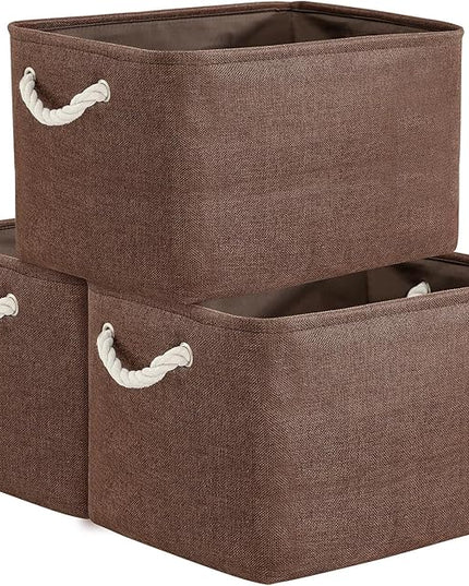 TheWarmHome Organization and Storage Basket for Shelves - 3 Pack 16x12x12 inch Fabric Storage Cubes, Cube Storage Bin for Organizing Closet Cloth Organizer Gift Toy (White & Brown)