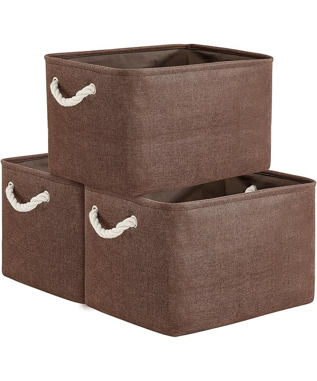 TheWarmHome Organization and Storage Basket for Shelves - 3 Pack 16x12x12 inch Fabric Storage Cubes, Cube Storage Bin for Organizing Closet Cloth Organizer Gift Toy (White & Brown)