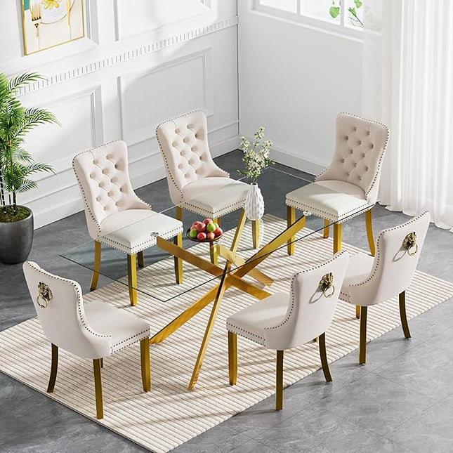 Modern 7-Piece Glass Dining Table Set for 6, Modern 60" Rectangle Gold Glass Dining Room Table Set with Beige Velvet Tufted Chairs Wood Legs for Kitchen Dining Room