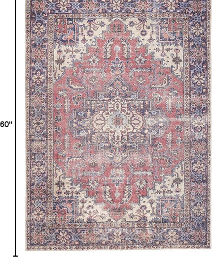 GLN Rugs Traditional Collection - Machine Washable Area Rug, Traditional Washable, Non Slip, Low Pile Chenille Rug, Living Room, Bedroom, Kitchen Rug (3'x5' Multi Blue)
