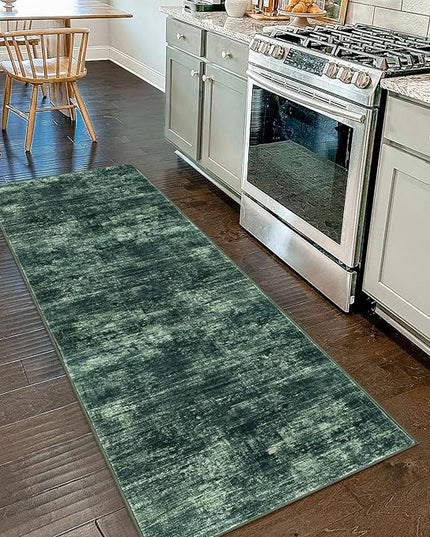 IOHOUZE Abstract Runner Rug 2x7 Ft Washable Runners for Hallways, Non Slip Kitchen Runner Printed Faux Wool Entryway Runners Indoor, Modern Abstract Floor Carpet for Hall Kitchen Bedroom, Dark Green