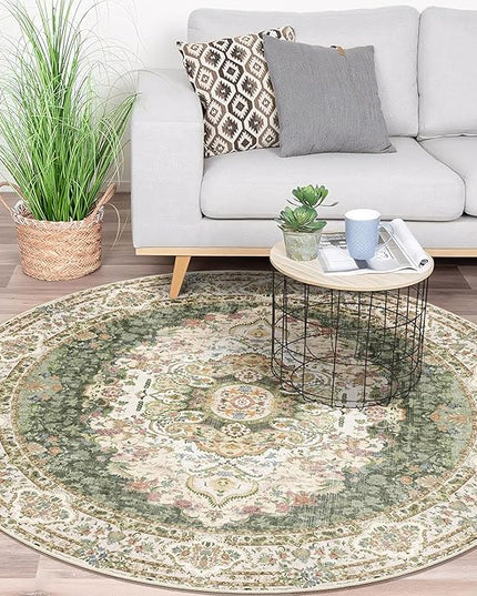 Green Round Rug 5ft, Circle Boho Area Rugs for Bedroom Living Room,Washable Vintage Bohemian Distressed Oriental Carpet Non Slip,Sage Floral