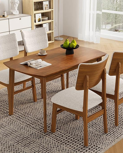 5-Piece Wooden Dining Set Mid-Century Modern Dinner Table and 4 Upholstered Chairs Rectangular Table with Chairs Set Rubberwood Legs Linen Padded Seat & Backrest for Dining Room Kitchen Apartment