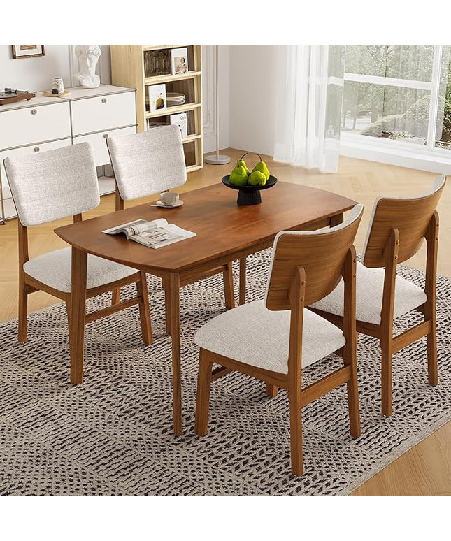 5-Piece Wooden Dining Set Mid-Century Modern Dinner Table and 4 Upholstered Chairs Rectangular Table with Chairs Set Rubberwood Legs Linen Padded Seat & Backrest for Dining Room Kitchen Apartment