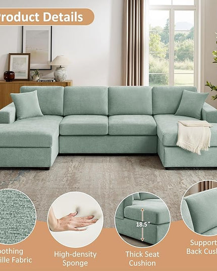VANOMi 118'' U Shaped Sectional Sofa, 4 Seat Modern Sectional Couch, Double Chaise Longue, Cozy Chenille Sofa Couches for Living Room Apartment, Mint