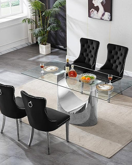 5 Piece Dining Table Set, Modern Glass Dining Table Set for 4 with Velvet Chairs, 70" Luxury Dining Table Chairs Set of 4, Kitchen Dining Room Sets for Dinner Dinette Breakfast Banquet, Black+Silver