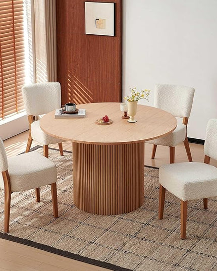 Howtek 5-Piece Modern Dining Room Set, 47" Round Dining Table and 4 Space-Saving Upholstered Stackable Dining Chairs, Kitchen Table and Chairs Set for Home, Kitchen, Living Room (Oak/White)