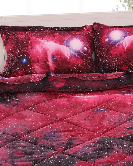 Wowelife Galaxy Bedding Set for Kids - 5-Piece Full, Red, 3D Comforter Set, Soft Kids Bedding