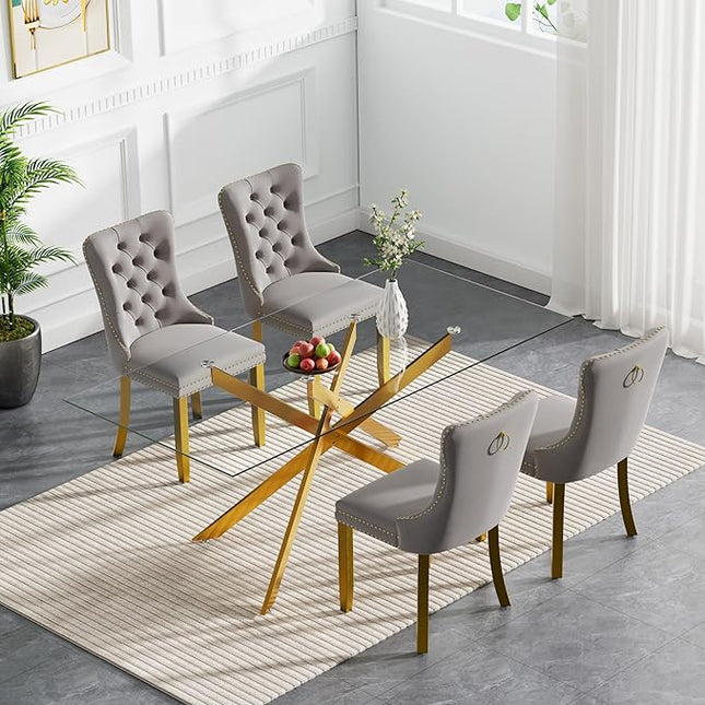 Modern 5-Piece Glass Dining Table Set for 4, Modern 60" Rectangle Gold Glass Dining Room Table Set with Light Grey Velvet Tufted Chairs Wood Legs for Kitchen Dining Room