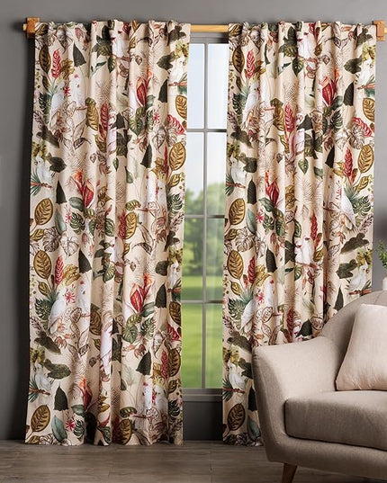 Maison d'Hermine Curtains for Living Room 100% Cotton 124 inch Length Two Panels Light Filtering Curtains for Bedroom Windows with Rod and Loop Pockets Drapes (Cacatoes - Beige, 50" W x 124" L)