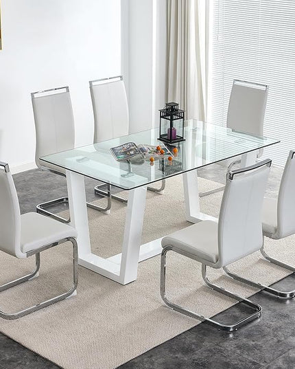 Ebullient Glass Dining Table Set for 6, Modern Dining Table Set for 6, Tempered Glass Tabletop with White MDF Trapezoid Legs, Rectangle Kitchen Table with 6 Faux Leather Chairs for Home Apartment
