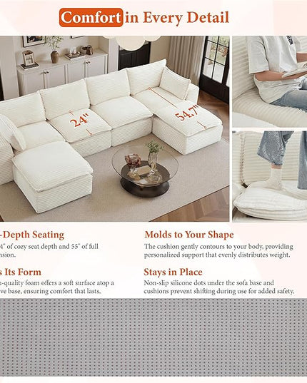 108" Sectional Couches for Living Room Boneless Couch Upholstered Cloud Couch Sectional Modular Sectional Sofa with L Shaped (Corduroy-White, 4 Seat+2 Ottoman)