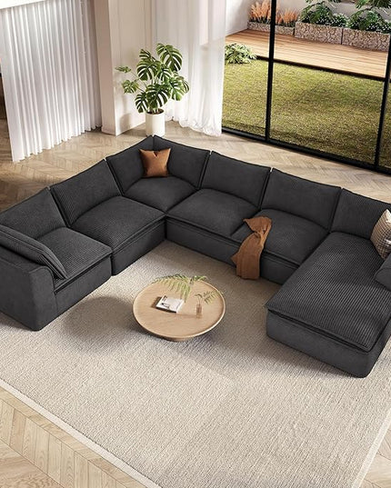 Vesgantti 141.7" Oversized Boneless Sectional Couch, Modern 7 Seater Modular Sofa with Chaise, Deep Seat Convertible Corduroy Cloud Couches for Living Room, No Assembly Required, Black
