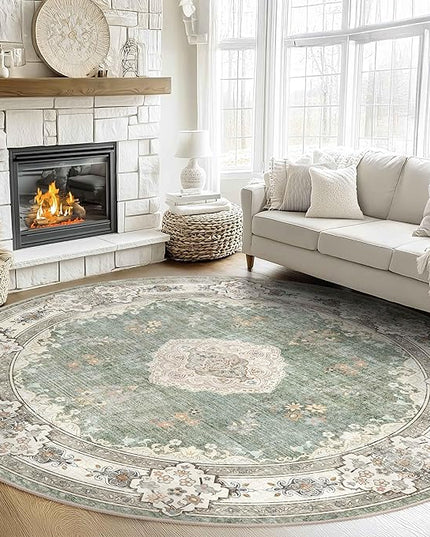 MUJOO Green Round Rug 9ft,Large Circle Washable Area Rugs for Bedroom Living Room Bathroom,Boho Non Slip Circular Carpet,Sage Floral