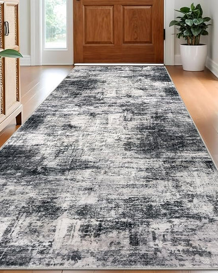 IOHOUZE Abstract Runner Rug 3x8 Ft Washable Runners for Hallways, Non Slip Kitchen Runner Printed Faux Wool Entryway Runner Indoor, Modern Abstract Floor Carpet for Hall Kitchen Bedroom, Black Grey