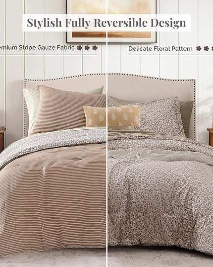 King Comforter Set - 7 Pieces Dark Brown Gauze Muslin Bedding Sets for All Seasons, Lightweight Breathable Bed in a Bag King with Revesible Farmhouse Comforter, Sheets, Pillowcases & Shams