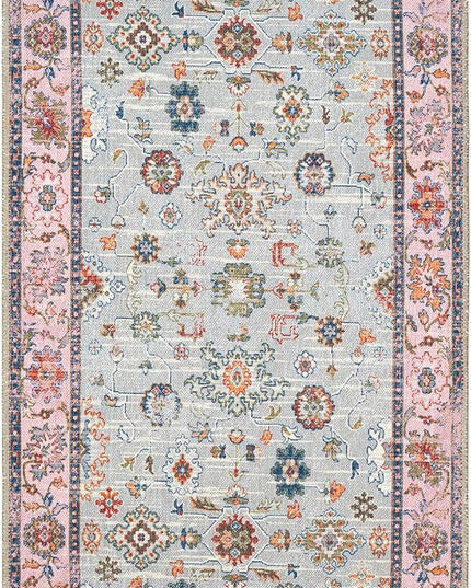 GLN Rugs Traditional Collection - Machine Washable Area Rug, Traditional Washable, Non Slip, Low Pile Chenille Rug, Living Room, Bedroom, Kitchen Rug (2'6"x10' Pink and Gray)