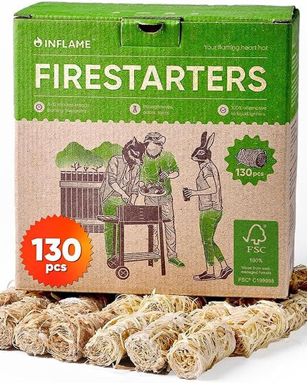 Inflame Fire Starters 130 pcs Fire Starters for Campfires, Grill, BBQ, Fireplace, Woodstove - Charcoal Starter - Waterproof, Weather-Resistant - Natural Wood Fireplace Starters
