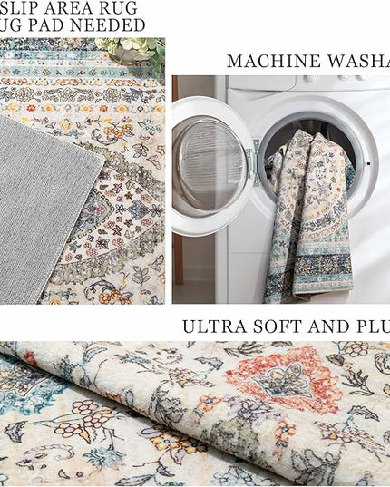 Blue Rug 3x5,Washable Area Rugs for Bedroom Living Room Kitchen Entryway,Small Boho Vintage Bohemian Distressed Oriental Non Slip Carpet,Floral