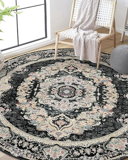 Black Round Rug 6ft,Large Circle Area Rugs for Bedroom Living Room Dining Room,Washable Boho Vintage Bohemian Distressed Oriental Carpet Non Slip,Floral