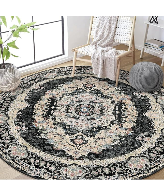 Black Round Rug 6ft,Large Circle Area Rugs for Bedroom Living Room Dining Room,Washable Boho Vintage Bohemian Distressed Oriental Carpet Non Slip,Floral