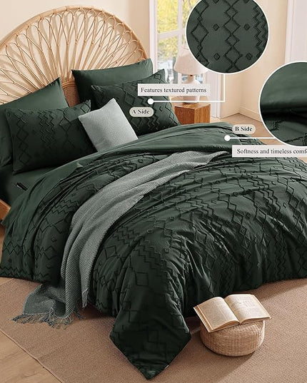 Queen Comforter Set Dark Green, Tufted Boho Bedding Farmhouse Bed Set, All Season 7 Pieces Bed in a Bag with Sheets, Pillowcases & Shams