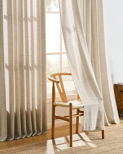 Beige Sheer Pinch Pleated Curtains 102 Inches Long 2 Panels,Back Tab Pleated Drapes Hooks Thick Linen Textured Boho Farmhouse Curtain for Dining Bedroom 70 Inch Wide Each Panel