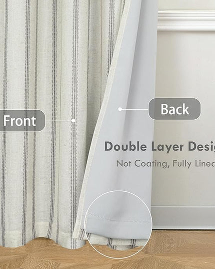 DriftAway Farmhouse Linen Blend Blackout Curtains 108 Inches Long for Bedroom Vertical Striped Printed Linen Curtains Thermal Insulated Lined Treatments for Living Room 2 Panels W52 x L108 Linen Grey