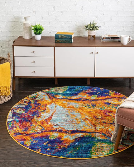 Rugs.com Calypso Collection Rug – 3 Ft Round Multi Medium-Pile Rug Perfect for Kitchens, Dining Rooms