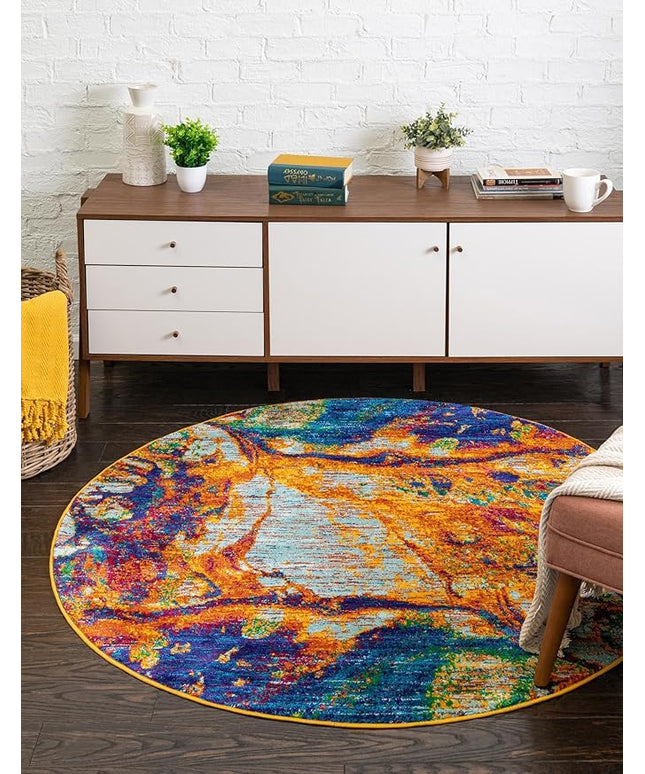 Rugs.com Calypso Collection Rug – 3 Ft Round Multi Medium-Pile Rug Perfect for Kitchens, Dining Rooms