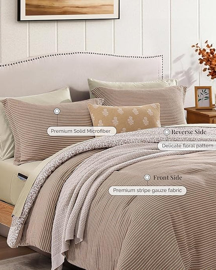 Queen Comforter Set - 7 Pieces Dark Brown Gauze Muslin Bedding Sets for All Seasons, Lightweight Breathable Bed in a Bag Queen with Revesible Farmhouse Comforter, Sheets, Pillowcases & Shams