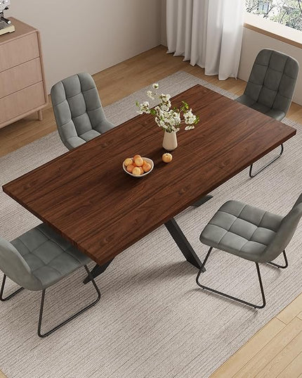 ZckyCine 63"-79" Expandable Dining Table Set for 6-8 People, Modern Rectangular Kitchen Table, Walnut Finish, Metal Frame, 6 PU Leather Cushioned Chairs, Easy Assembly