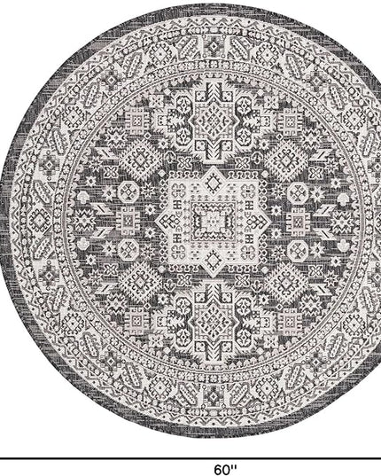 Rugs.com Outdoor Aztec Collection Rug – 5 Ft Round Charcoal Gray Flatweave Rug Perfect for Kitchens, Dining Rooms