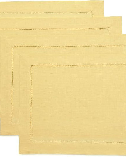 Solino Home Linen Placemats Set of 4 - Classic Hemstitch Yellow Placemats 14 x 19 Inch - 100% Pure Linen Table Mats