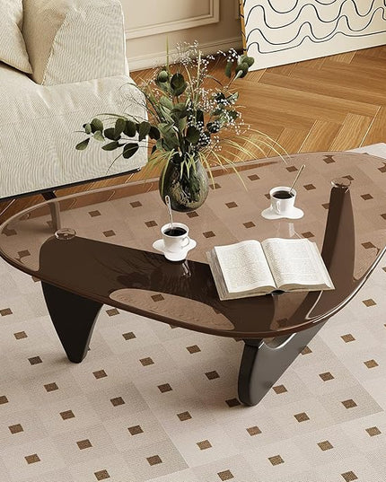 Coffee Table for Living Room Mid Century Modern Center Table with Glass Top and Wood, Black Brown