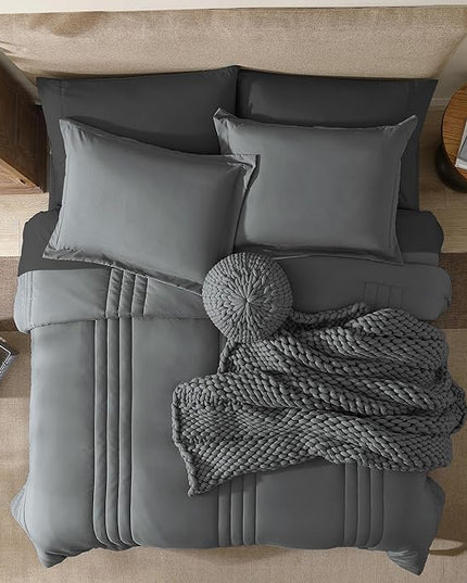 Monbix Queen Comforter Set - 7 Pieces Grey Bed in a Bag Queen Bedding Sets with Comforters, All Seasons Comforter Bed Set with Sheets,Pillowcases & Shams