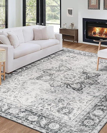 ReaLife Rugs Machine Washable Area Rug - Living Room Bedroom Bathroom Kitchen Entryway Office - Padded Low Pile Stain Resistant Premium - Boho Farmhouse Vintage - Joy - Gray 4' x 6'