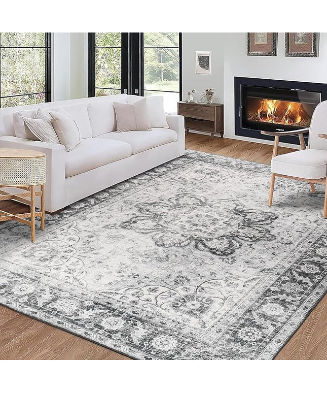 ReaLife Rugs Machine Washable Area Rug - Living Room Bedroom Bathroom Kitchen Entryway Office - Padded Low Pile Stain Resistant Premium - Boho Farmhouse Vintage - Joy - Gray 4' x 6'