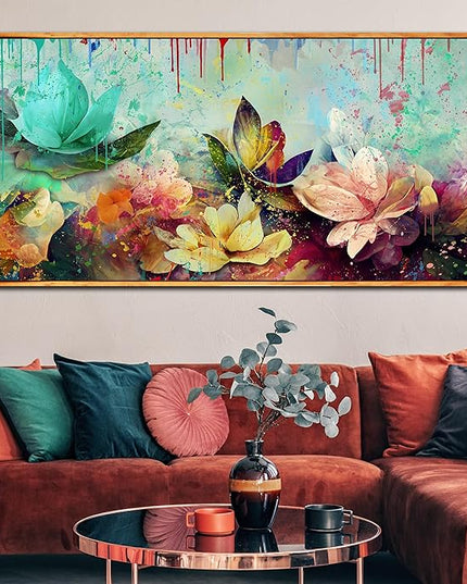 Flower Wall Art for Living Room, Framed Floral Canvas Wall-Art for Bedroom, Watercolor Lotus Print, Large Size 59x29 Inches