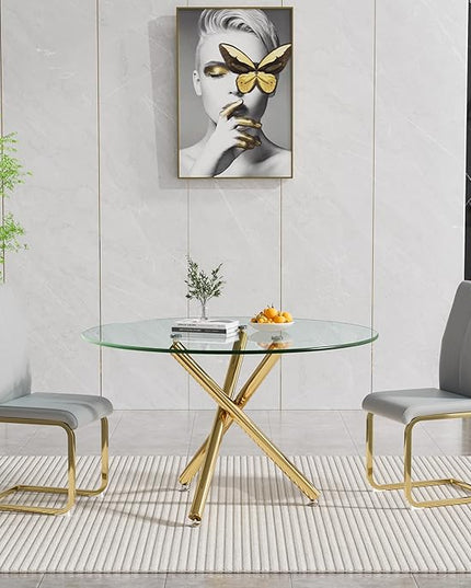 HomVent Round Glass Dining Table Set for 2, 3-Piece Modern Kitchen Table Set with 2 PU Upholstered Chair for Kitchen Dining Room, Glass Dining Room Table Set