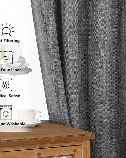 Chyhomenyc Dark Grey Curtains 96 Inch Length 2 Panels, Light Filtering Faux Linen Textured Soft Airy Curtains for Living Room, Thick Farmhouse Grommet Bedroom Drapes, 50Wx96L Inch, 2PCS