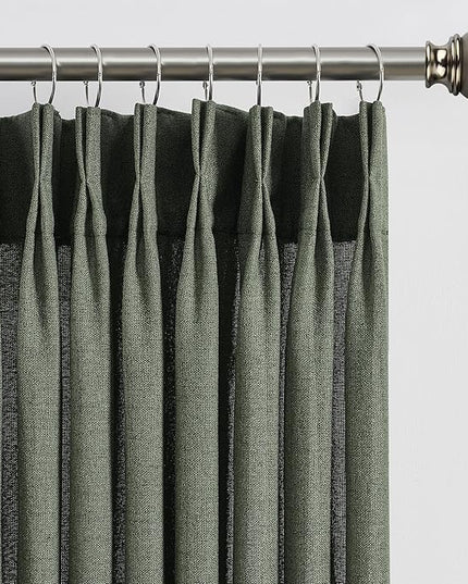 RAIN CITY 2 PCs Olive Green Linen Sheer Pinch Pleat Curtains 96 Inch Long for Living Room,Pleated Drape with Hooks Back Tab Boho Decor, Olive Forest Loden Privacy Curtains for Bedroom 42x96 in