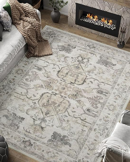 jinchan 6x9 Area Rugs for Living Room Washable Soft Throw Rug Ultra-Thin Stain Resistant Non-Slip Distressed Vintage Floral Large Carpet for Bedroom,Dining Room,Home Office,Nursery (6x9ft,Taupe)