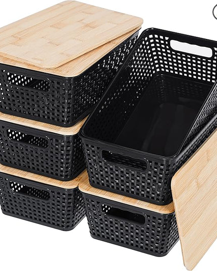 Storage Bins with Lids 6 Packs, Plastic Storage Bins with Bamboo Lids for Pantry Organization and Storage Containers for Shelves Drawers Desktop Closet Office Home, Black