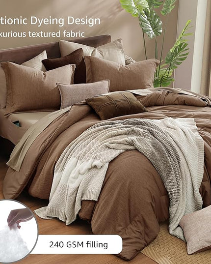 Monbix King Size Comforter Set, Brown King Bedding Set Reversible, King Comforter Set 7 Pieces, Cationic Dyeing Bed in a Bag with Comforter, Sheets, Pillowcases & Shams