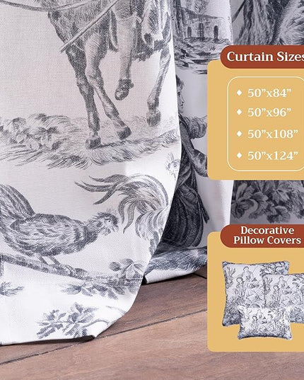 Maison d' Hermine Curtains for Living Room 100% Cotton 108 inch Length Two Panels Light Filtering Toile Curtains with Rod and Loop Pockets (The Miller Paloma Gray (White Background), 50" W x 108" L)